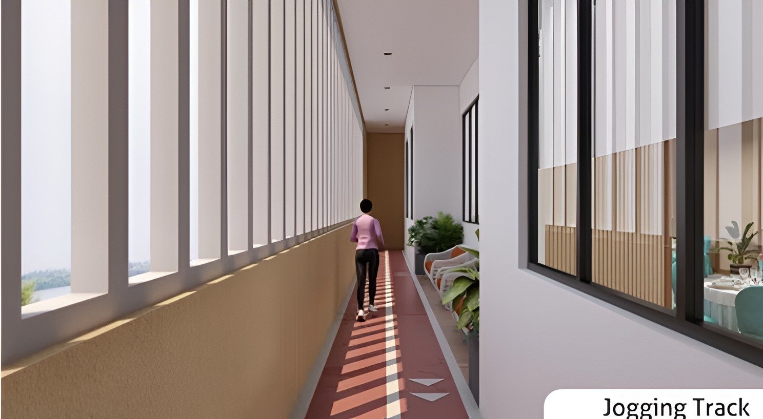 Spacious luxury floor lobby with extended balcony, cream carpet flooring, and open skyline view