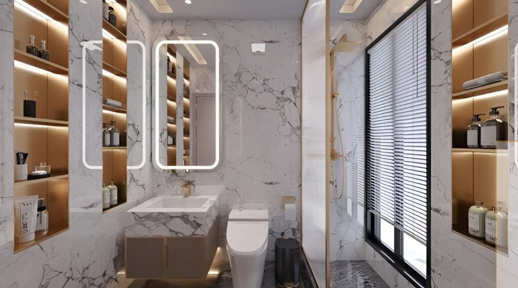 Salasar Aagman Bhayandar East modern bathroom design with white marble finish and illuminated mirror