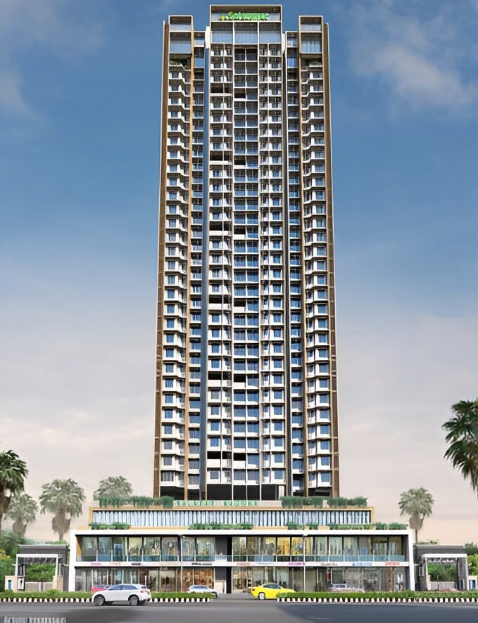 Salasar Aagman Bhayandar East iconic highrise tower with clear skyline and active road frontage
