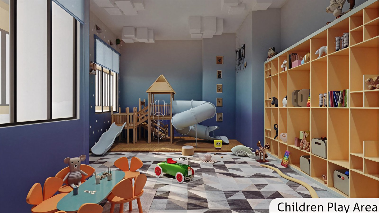 Indoor children’s play area with colorful toys and activity zones in a safe environment
