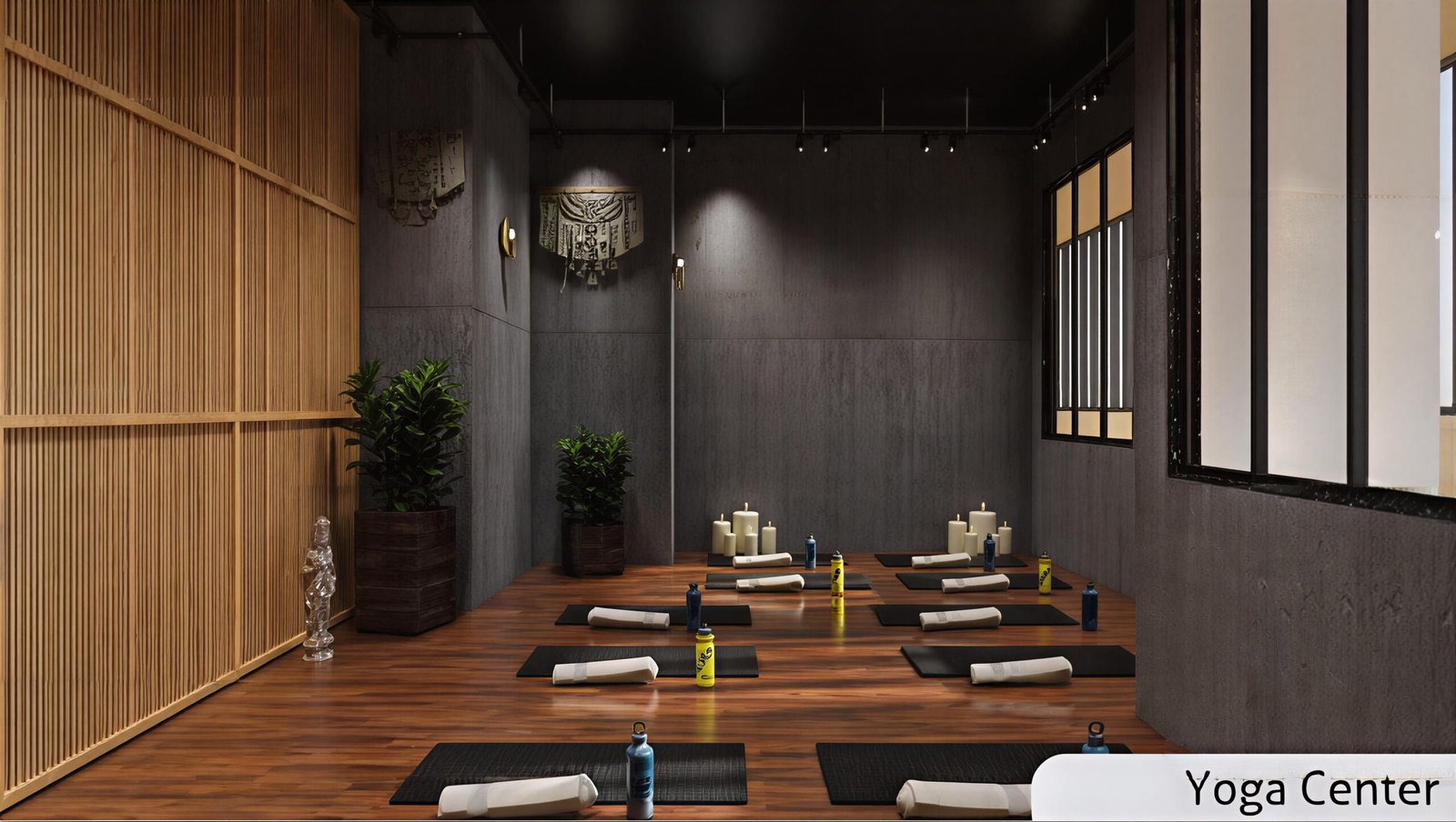 Serene yoga studio with wooden-style flooring, arranged yoga mats, and calming wellness ambiance