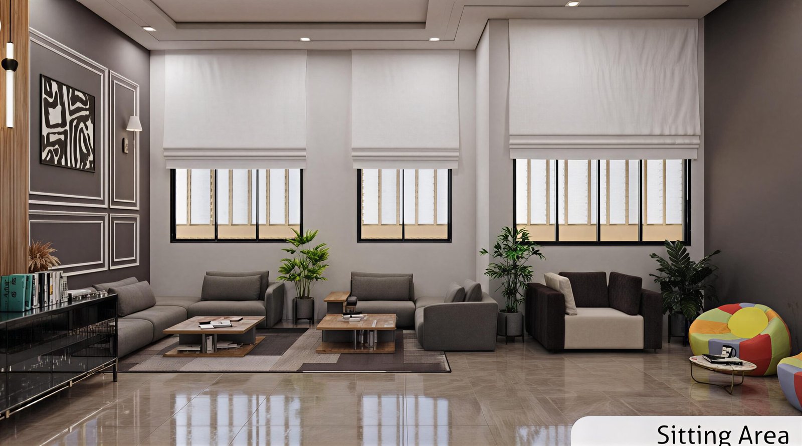 Luxury lobby seating area with grey sofas, chandelier lighting, and refined interior design