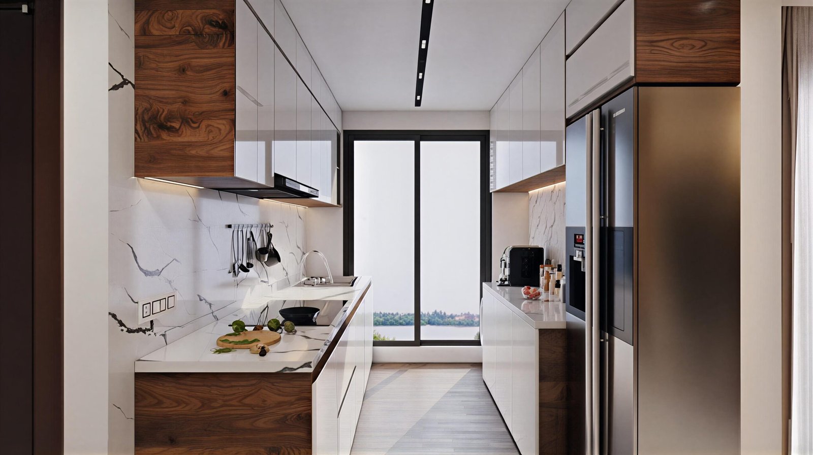Luxury modular kitchen with white marble finish, glass window, and refined contemporary design